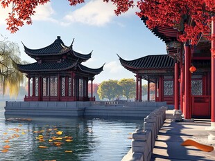 湖畔古亭映红叶