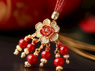 金镶红珠花朵古风挂饰