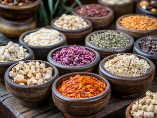 多彩香料盛于古朴木碗中