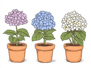 三盆绣球花盆栽插画