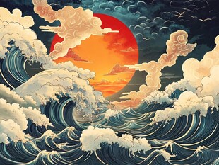 红日下的汹涌海浪