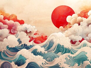 红日云海间 澎湃海浪图