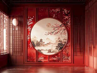 中式红墙房间古典装饰画