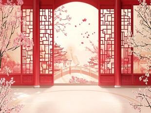 中式古典红窗景樱花烂漫