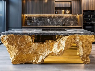 奢华金色岩石风厨房岛台