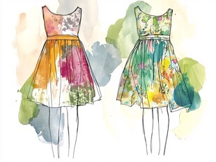 水彩风多彩连衣裙设计图