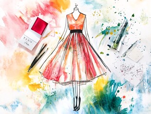 水彩风格时尚女装设计图