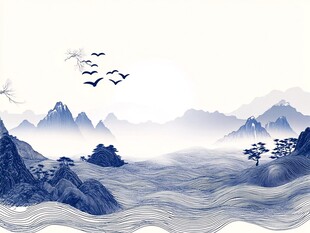 水墨山水间飞鸟翱翔图