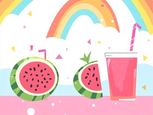 彩虹下的西瓜与粉红果汁