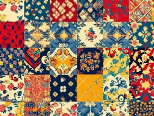 复古拼贴风多彩花卉图案