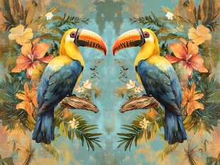 双巨嘴鸟栖于繁花绿叶间