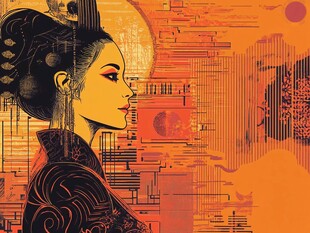 古风女子与未来感背景碰撞