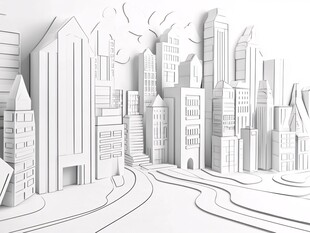 纸艺风立体城市景观图