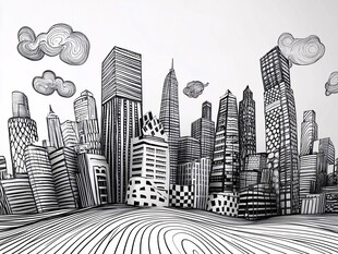 手绘黑白风现代城市景观