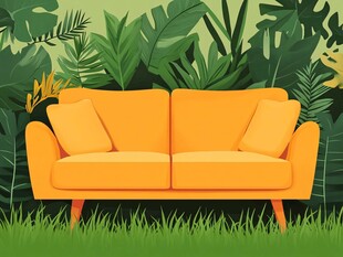 橙色沙发置身绿意之中