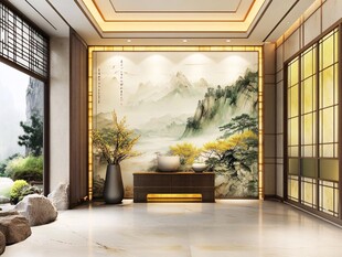 中式雅致玄关山水壁画景