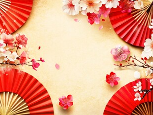 中式折扇与烂漫樱花背景