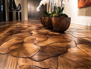 独特花纹木地板与盆栽装饰