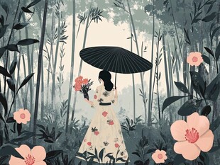 竹林佳人持伞赏繁花