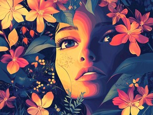 花丛中的梦幻少女面孔