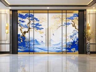中式蓝白山水松景玻璃门