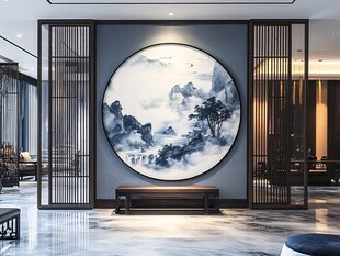 中式客厅的山水圆形壁画
