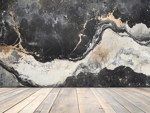 黑白大理石纹墙面与木地板