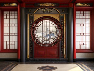 中式古典红漆雕花门景