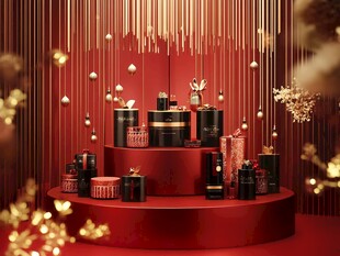 圣诞红舞台上的精美礼品