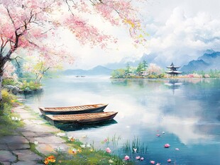 湖畔春景 小船静泊