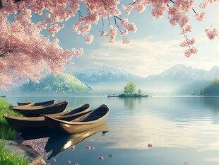 湖畔樱花下的静谧小船