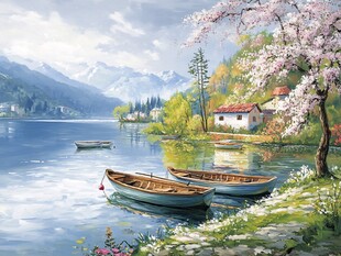 湖畔春景小船静泊