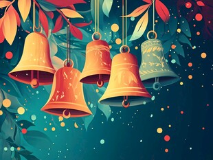 彩色铃铛悬挂于繁茂枝叶间