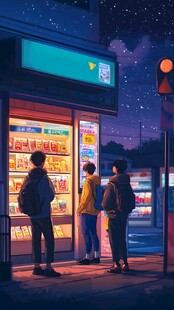 夜晚便利店前的青春身影