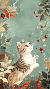 猫咪戏玩红叶间