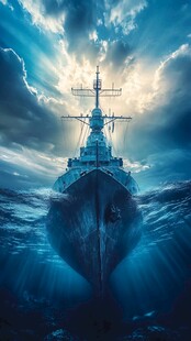 战舰破浪于海天云海间