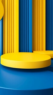 蓝黄撞色立体几何展示空间