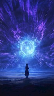 神秘光芒下的孤独旅人