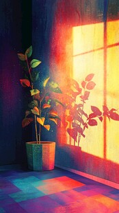 阳光洒入角落的绿植盆栽