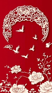中式红底花鸟传统装饰图