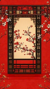 中式红墙窗景梅花图