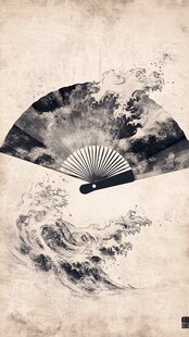 古风折扇与汹涌海浪图景