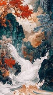 山水瀑布间的秋日盛景