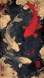 锦鲤戏水于中式云浪之间