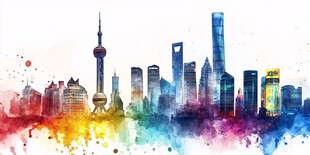 水彩绘就的上海城市天际线