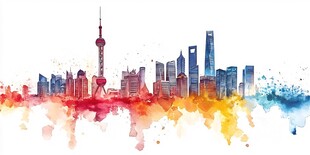 上海城市天际线水彩画