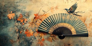 古风折扇与飞鸟秋叶图景