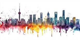 上海城市天际线水彩画