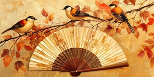 秋景中鸟与折扇的雅致画面
