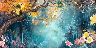 梦幻花树仙境般森林图景